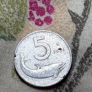 🇮🇹 1954 Italy 5 Lire — Republic of Italy — Aluminum — Dolphin and Rudder